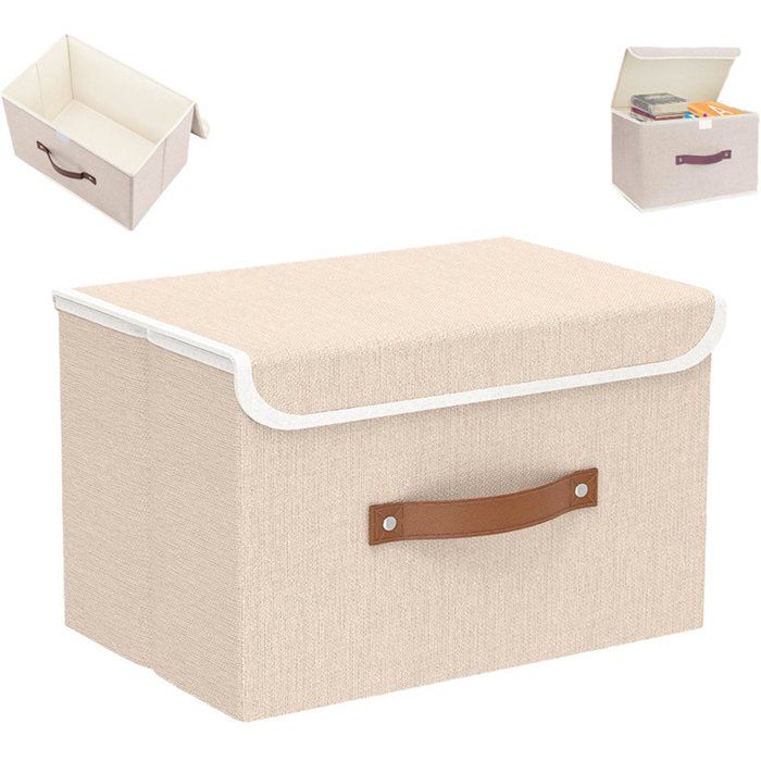 Boîte De Rangement Pliable En Tissu Avec Couvercle Et Poignée Empilable Organiseur Pour Vêtements Blanc Cassé