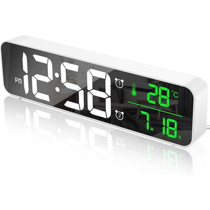 Réveil Numérique Horloge Murale Réveil Matin LED Digital Miroir Grand Ecran avec Température Date 2 Alarme 40 Musique 6