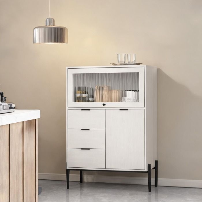 Buffet bahut blanc 3 tiroirs 1 porte et 1 porte vitrée panneaux de particules 85 x 40 x 120 cm