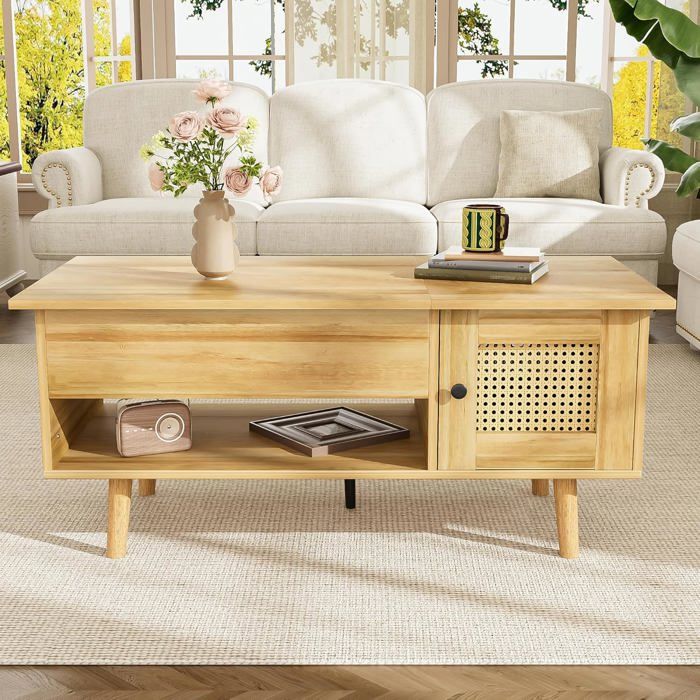 Table Basse Relevable avec Rangement Plateau Relevable et Portes en Rotin 103x50x46 cm Table de Salon Design Moderne Bois et Noir