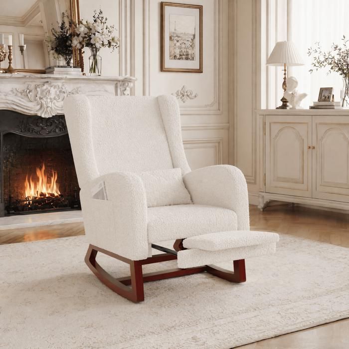 Fauteuil à bascule rembourré Rocking chair - Bois massif - Scandinave - Fauteuil allaitement - 64x67x99cm - Velours teddy - Blanc