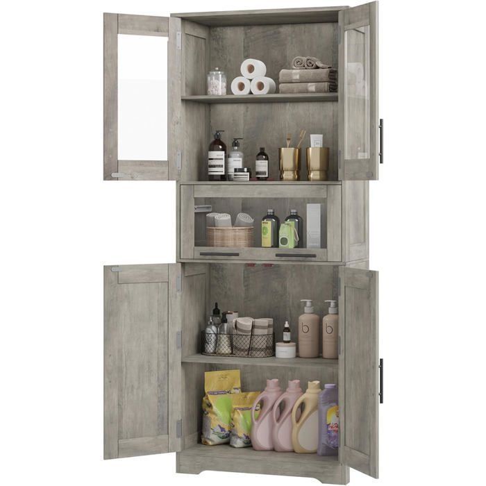 Garvee Colonne de salle de bain haute 5 étagères réglables et 1 tiroir en MDF hydrofuge avec portes vitrées gris
