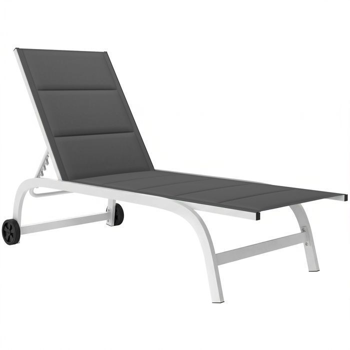 Bain de soleil à roulettes en aluminium et textilène - Gris foncé et blanc