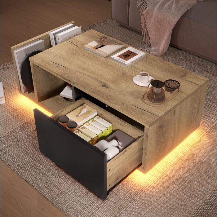 Buffet Bas Rétro Avec Éclairage LED Intégré 1 Tiroir Compartimenté Niche Ouverte Rangement Latéral Bois Naturel Et Noir Pour Salon