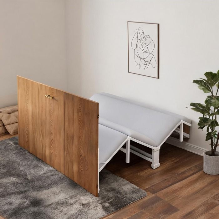 Armoire-lit escamotable 140x200 cm en bois et métal avec matelas en lin idéale pour chambre damis ou petit espace
