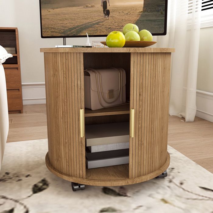 Table de chevet - 60x60x60cm - Bout de canapé cylindrique Mid-Century en MDF avec station de charge - Chêne - Naturel