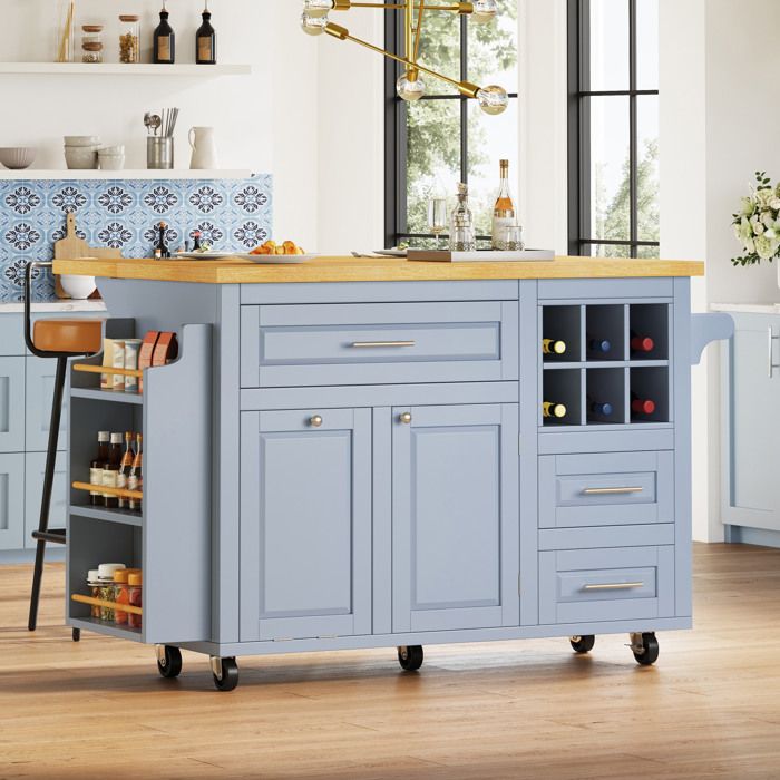Desserte de Cuisine 3 Tiroirs 2 Portes et Plateau Rabattable - ELVMI - Bleu pour Cuisine 143×75×91 cm