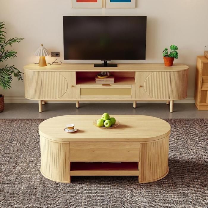 Meuble télévision - KOMHTOM - Ensemble meubles salon - Table basse relevable - Rangement rotin - Bois MDF