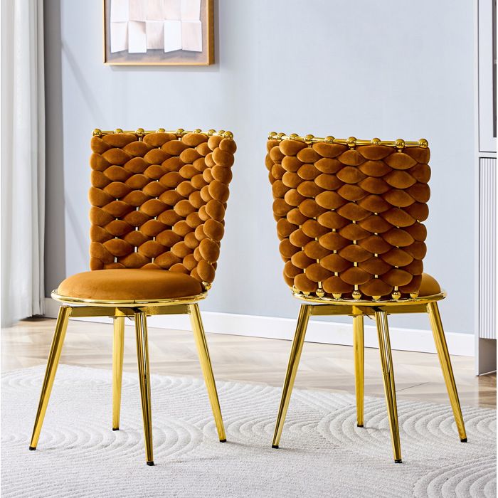 ROVRYN Lot de 2 chaises de salle a manger en velours orange avec dossier tresse et pieds en metal dores