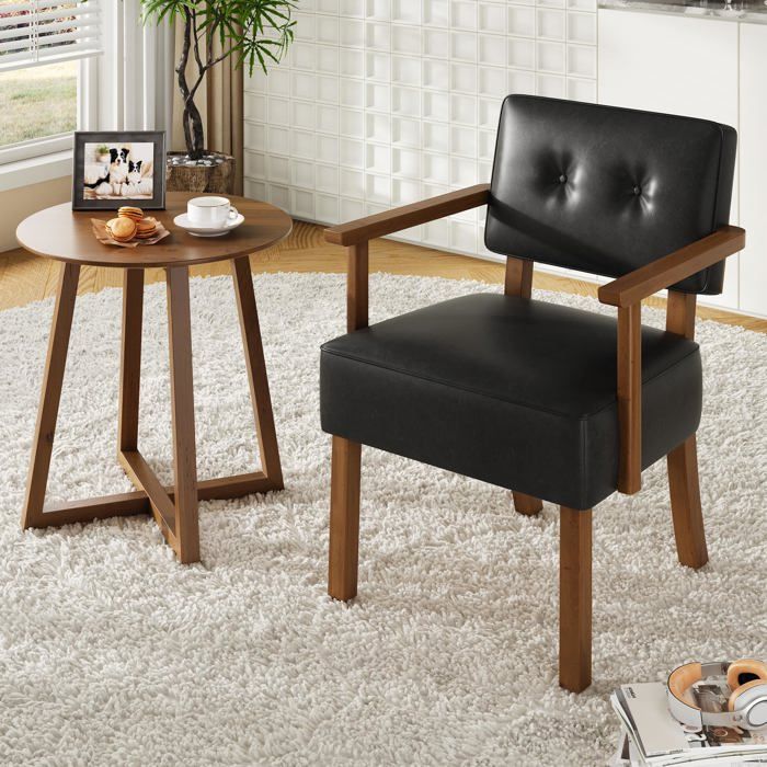 Fauteuil décoratif simili cuir style médiéval boutonné fauteuil lecture détente cadre bois salon boucle noire