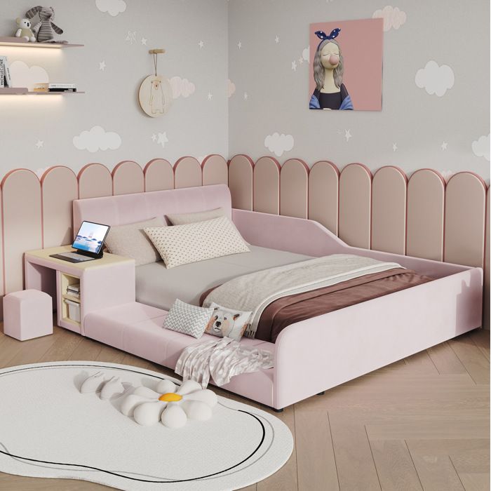WOVREO Lit combiné enfant 140x200 cm avec bureau tabouret et tablette de rangement velours rose