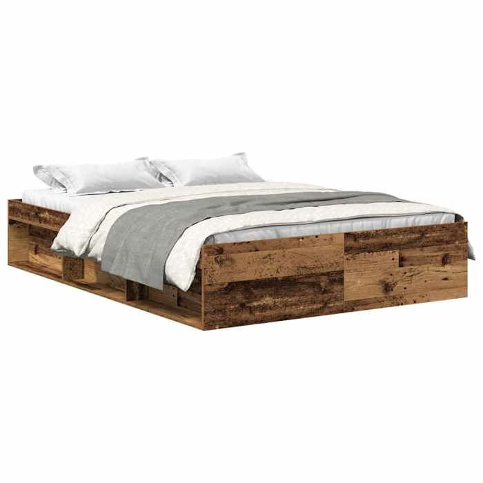 Cadre de Lit sans matelas Vieux Bois 2 places 160x200 cm avec sommier à lattes inclus et rangement intégré pour Chambre EU350581