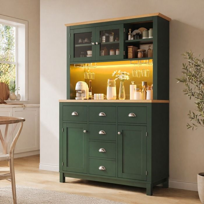 Buffet de cuisine vert style campagne 104 x 40 x 180 cm 4 portes LED intégrée porte-verres plateau effet bois MDF et métal