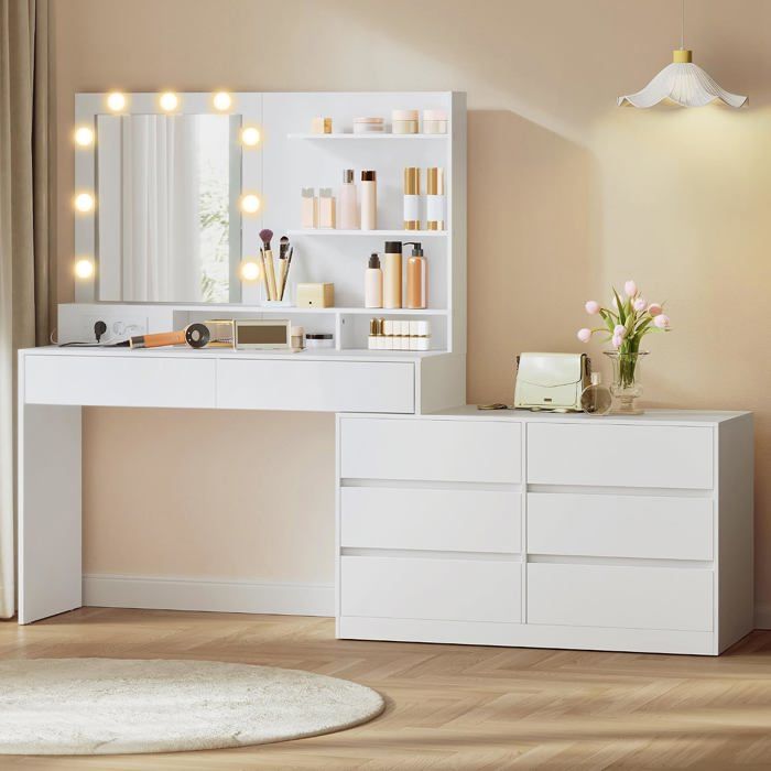 Coiffeuse avec miroir LED - 9 ampoules 8 tiroirs 3 étagères éclairage 3 couleurs modulable en L blanc nuage