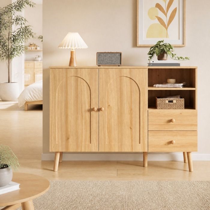 Buffet Bas 2 Portes 2 Tiroirs 2 Niches Ouvertes - MODENVIE - Bois Naturel MDF et Panneaux de Particules 118×35×82 cm