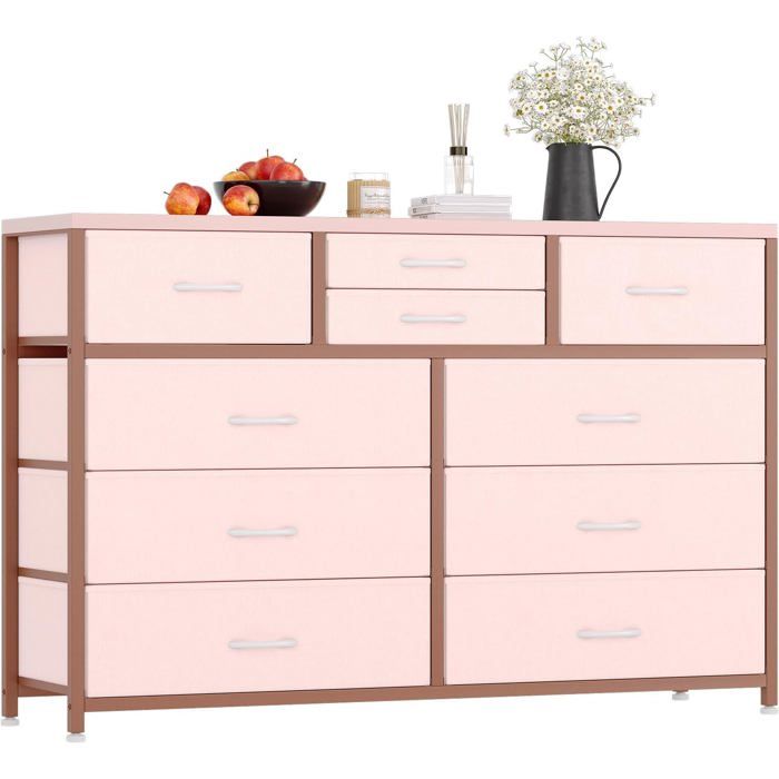 Commode 10 tiroirs - Rangement meuble moderne - Structure acier - Rose MDF PB tissu - 116x35x80 cm - Chambre entrée