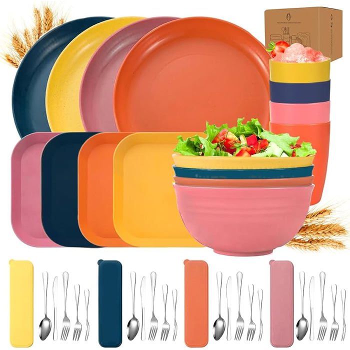Kit Vaisselle CampingAssiette Reutilisablepour 4 Personnes Vaisselle Camping CarSet Pique Nique de 40 Couleur/A POPOTE