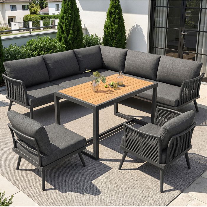 Salon de jardin bas d’angle L modulable 7 places gris structure métal table basse effet bois TYNQER