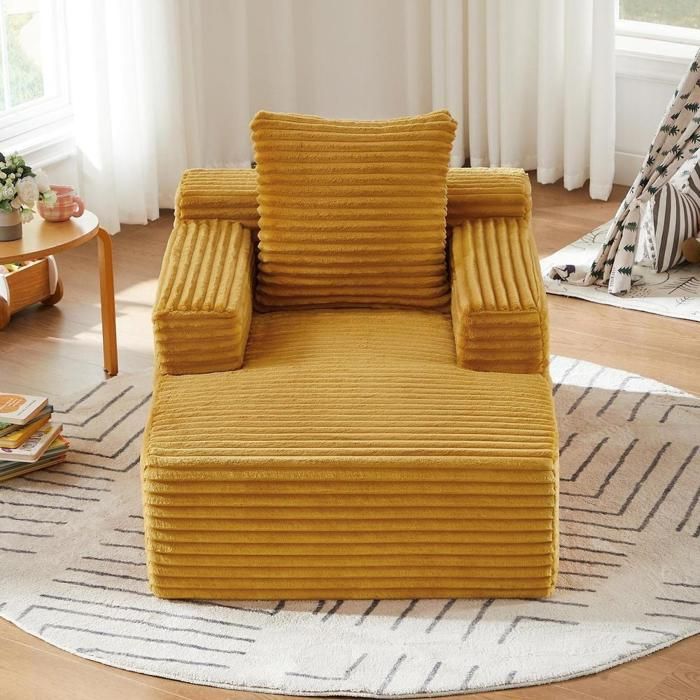 Canapé méridienne - KOMHTOM - Convertible - Tissu côtelé - Jaune - Ressorts