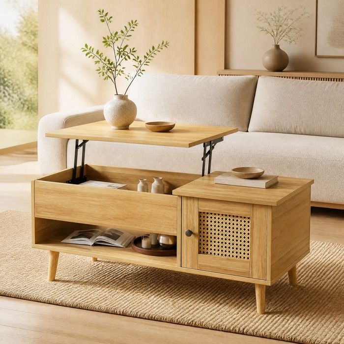 Table basse relevable 103x50x46 cm avec rangement porte imitation rotin bois et noir panneaux de particules FOLYNA