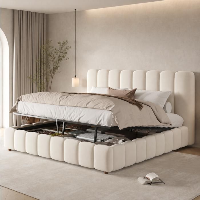 Modenuit Lit coffre hydraulique 180x200 cm avec sommier inclus velours beige tête de lit rembourrée