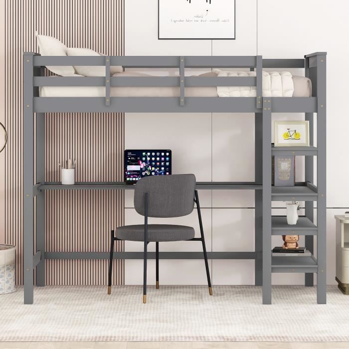 lit mezzanine enfant avec rangements et bureau - gris - bois massif - 90x200cm