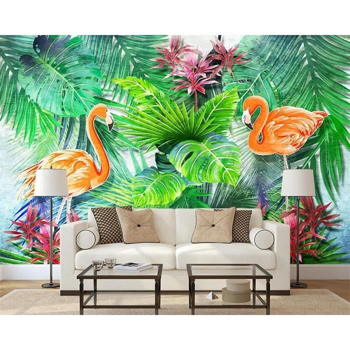 LIWI-Fond D'Écran Photo Effet 3D Vert Plantes Fleurs Flamants Roses ...