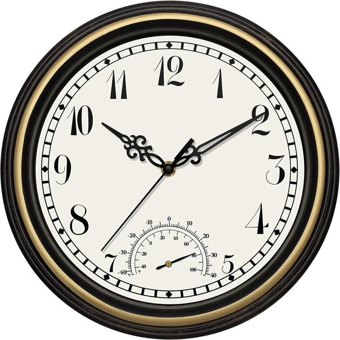Horloge Murale Extérieure 30,5 Cm Étanche Avec Thermomètre – Horloge Silencieuse Quartz Pour Terrasse, Piscine, Jardin Ou Salle De Bain