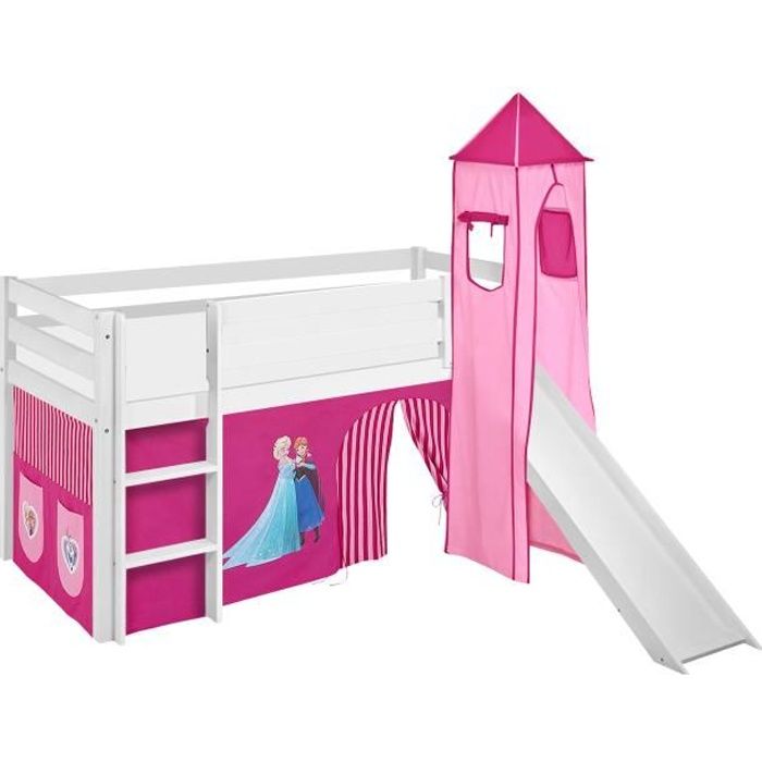 Lit surélevé ludique JELLE 90 x 190 cm Frozen rose - avec rideaux tour et toboggan - LILOKIDS - blanc laqué