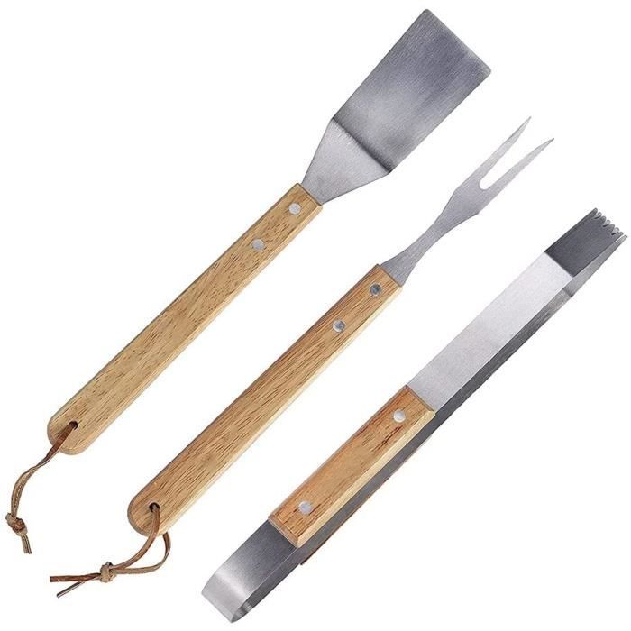 Set De 5 Ustensiles De Barbecue En Acier Inoxydable - Pince, Spatule, Fourchette, Gants - Poignées Bois