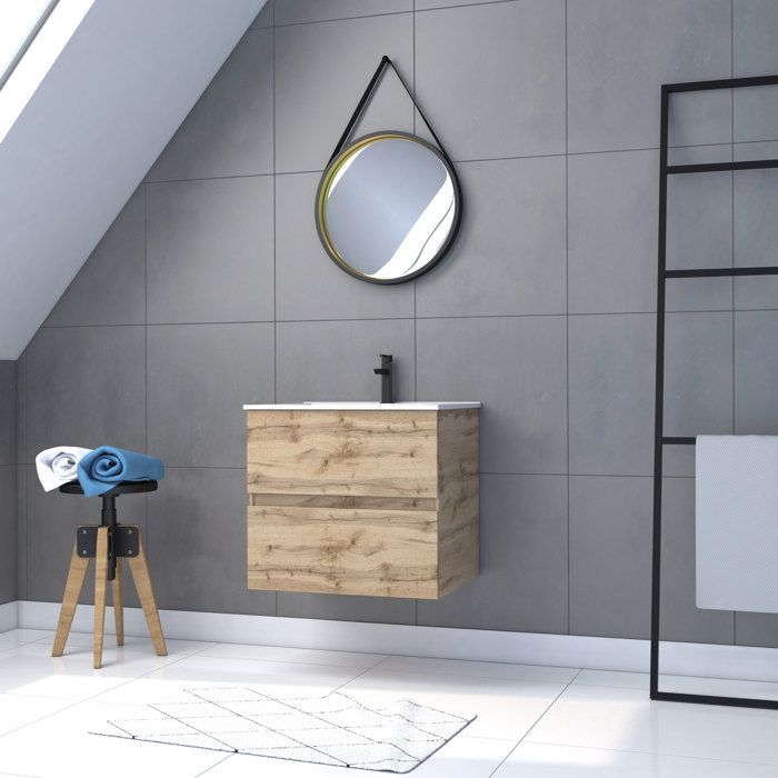Meuble salle de bain 60x54 - Finition chene naturel + vasque blanche + miroir barber - TIMBER 60 - Pack32