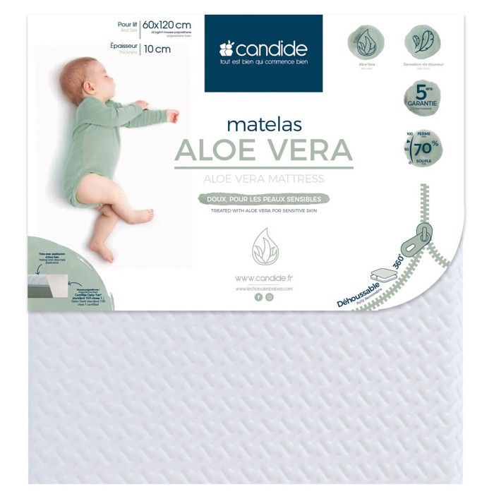 CANDIDE - Matelas Bébé 60x120x10cm Aloé Vera Idéal Peaux Sensibles Déhoussable à 360° Ferme Densité 20kg/m3 Fabriqué En France CANDIDE - Matelas Bébé 60x120x10cm Aloé Vera Idéal Peaux Sensibles Déhoussable à 360° Ferme Densité 20kg/m3 Fabriqué En France
