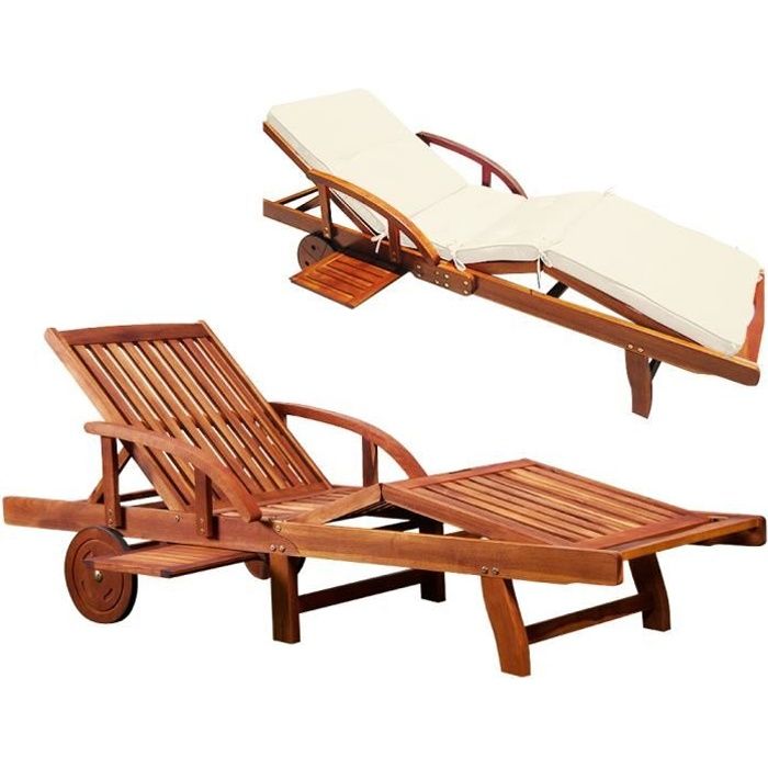Chaise longue Tami Sun en bois dacacia Transat pliable avec coussin crème roues dossier repose pieds réglable Chaise longue Tami Sun en bois dacacia Transat pliable avec coussin crème roues dossier repose pieds réglable