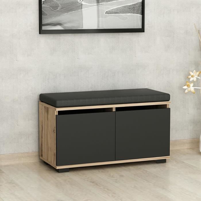 Banc à chaussures Brande avec 2 portes à 4 niveaux 42 x 80 x 35 cm effet chêne noir