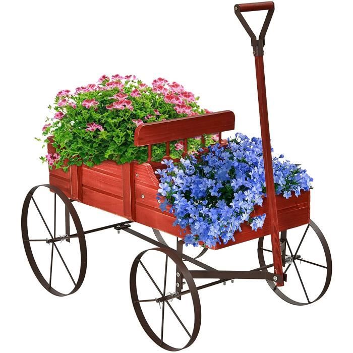 GOPLUS Jardinière Forme Brouette Chariot Décoratif en Bois avec 2 Bac de Plantation pour Jardinière,Jusqu’à 15kg,35×62,5×60cm Rouge