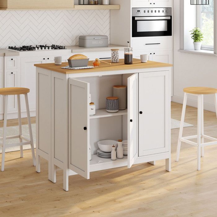 IDMARKET Ensemble table de bar îlot Achille et 2 tabourets bois blanc plateau façon hêtre