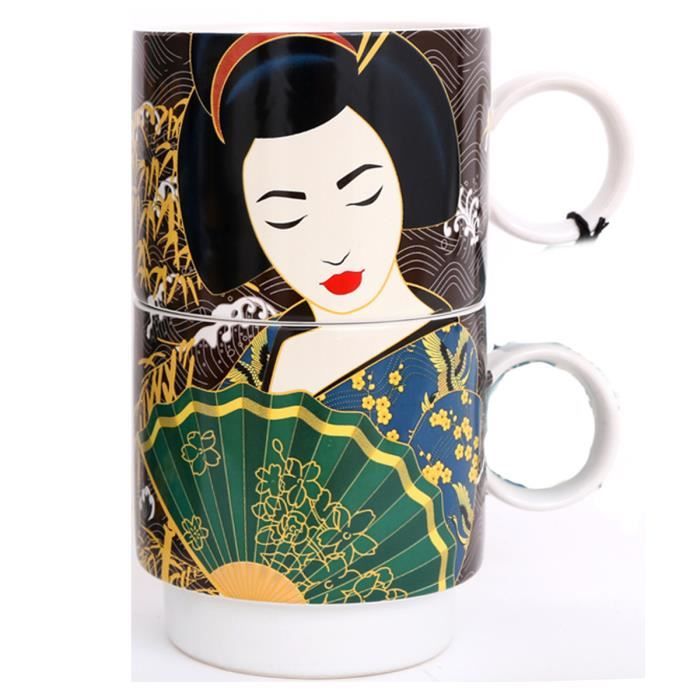 Lot De 2 Grands Mugs En Porcelaine Empilables Motif Geisha – Ambiance Japonaise Vintage