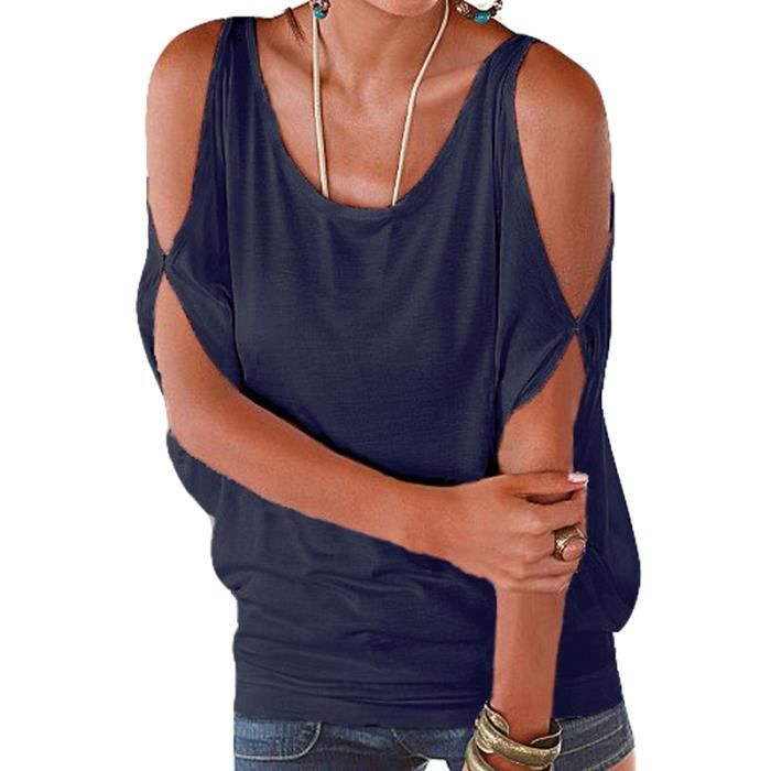 T Shirt Femme mode slim T shirt Epaule nu T shirt long Tee Shirt Femme simple Bleufonce