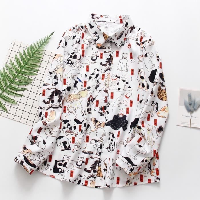 Mode Femmes Top Impression Chat Chemise A Manches Longues En Vrac Chemisier Casual Lapel Blanc Blanc Achat Vente Chemisier Blouse Cdiscount