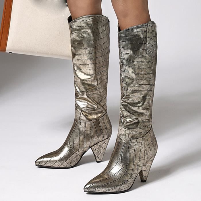 Bottes de chevalier à talons épais et en daim plissé pour xue1477