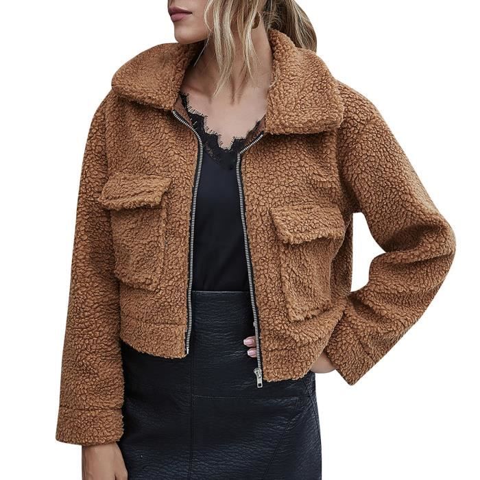 Manteau Court Femme En Fausse Fourrure - Col Revers, Manches Longues, Poches - Chaud Et Élégant Pour Bureau Et Sortie
