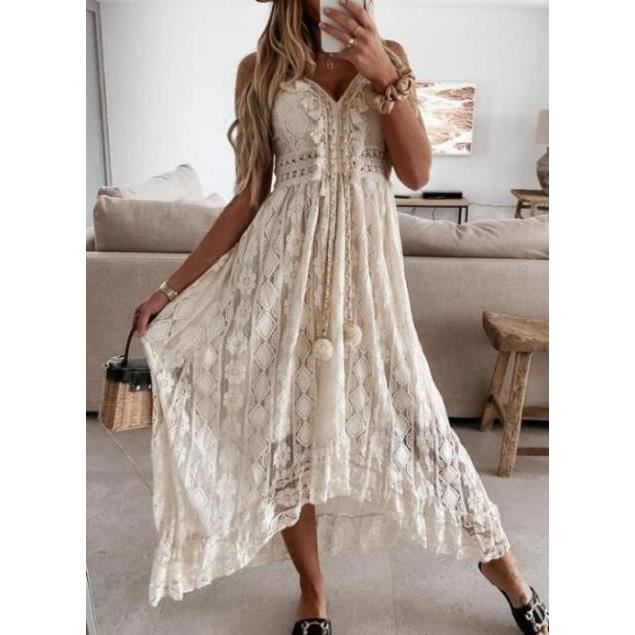 Robe Classique Boheme Chic Longue Femme elegant Brodee Blanche