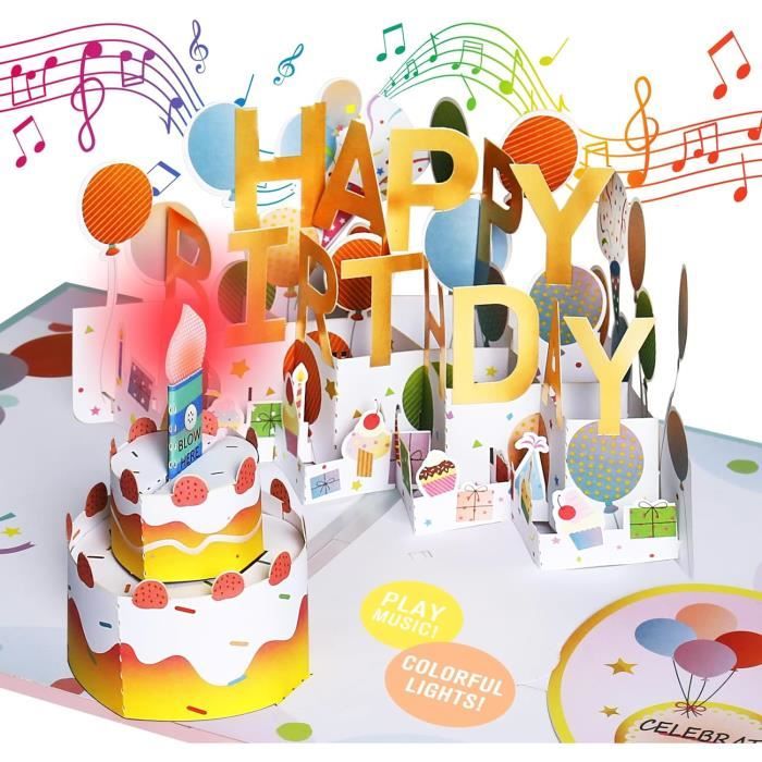 Carte D'Anniversaire Musicale 3D Avec Lumière - Pop Up Feux D'Artifice Pour Célébrer En Style