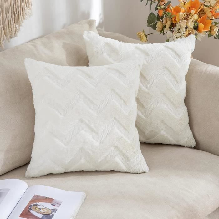 Lot 2 Housses Coussins Texturé Boucle 50x50cm - Taie Décorative Canapé Salon - Beige Crème