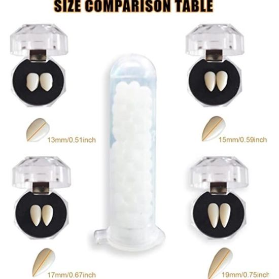 Lot De 8 Faux Dents De Vampire 4 Tailles 1 Tube De Colle à Dents 20