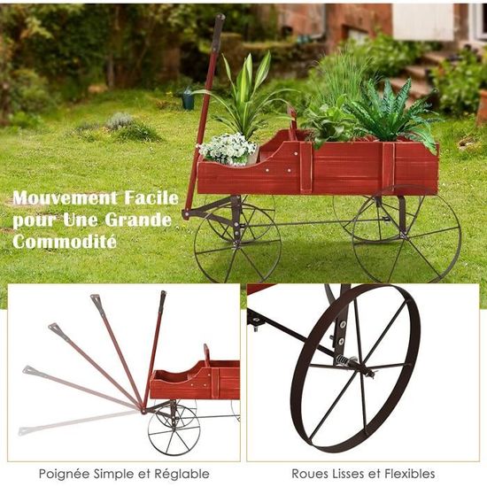 GOPLUS Jardinière Forme Brouette En Bois Avec 4 Roues Métal - 2 Bacs Séparés, Charge 15kg, Bleu 35×62,5×60cm