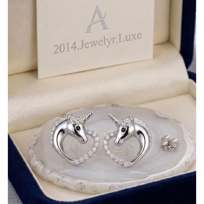 Boucles D'Oreilles Puces Pour Enfant - Licorne & Coeur Avec Cristaux - Argent 925 - Neuf Avec Étiquettes