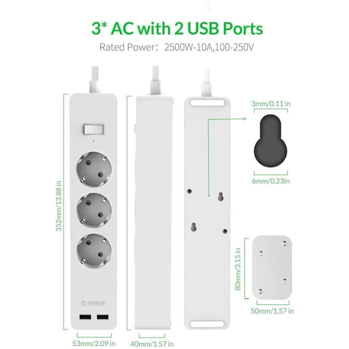 Bloc Multiprise,3 Prises,2 Ports USB,Fixable au Mur Multiprises (2500W,10A)  1.5M,Blanc-[1035] - Cdiscount Bricolage
