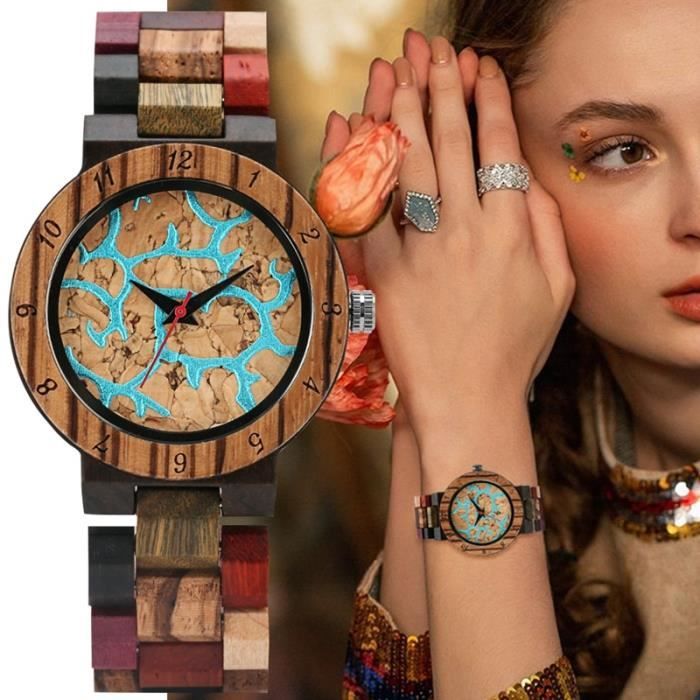 Montres Montre Vintage en bois pour femmes tendance lignes bleues