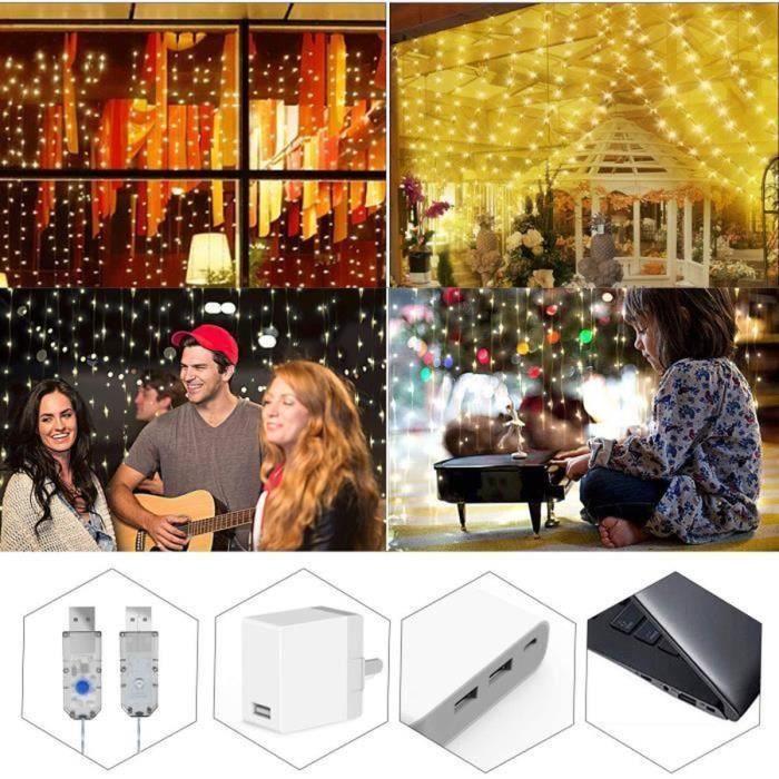 ShenMo Rideau Lumineux 3m x 3m - 300 LEDs USB Guirlande Rideau Lumineuse  avec 8 Modes d'éclairage pour Decoration Noel  Interieur/Chambre/Fenêtre/Anniversaire/Fête (Blanc Froid 